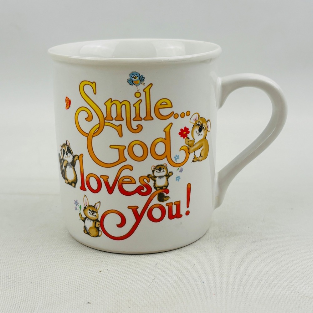 Vintage Shirt Tales Smile God Loves You Mug Hallmark‎ Coffee Cup Japan 1980s